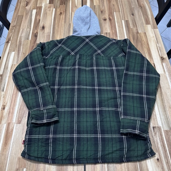 Levis Quilted Lined Shirt Jacket‎ Mens M Green Plaid Hooded Snap Button Shacket - Picture 4 of 7